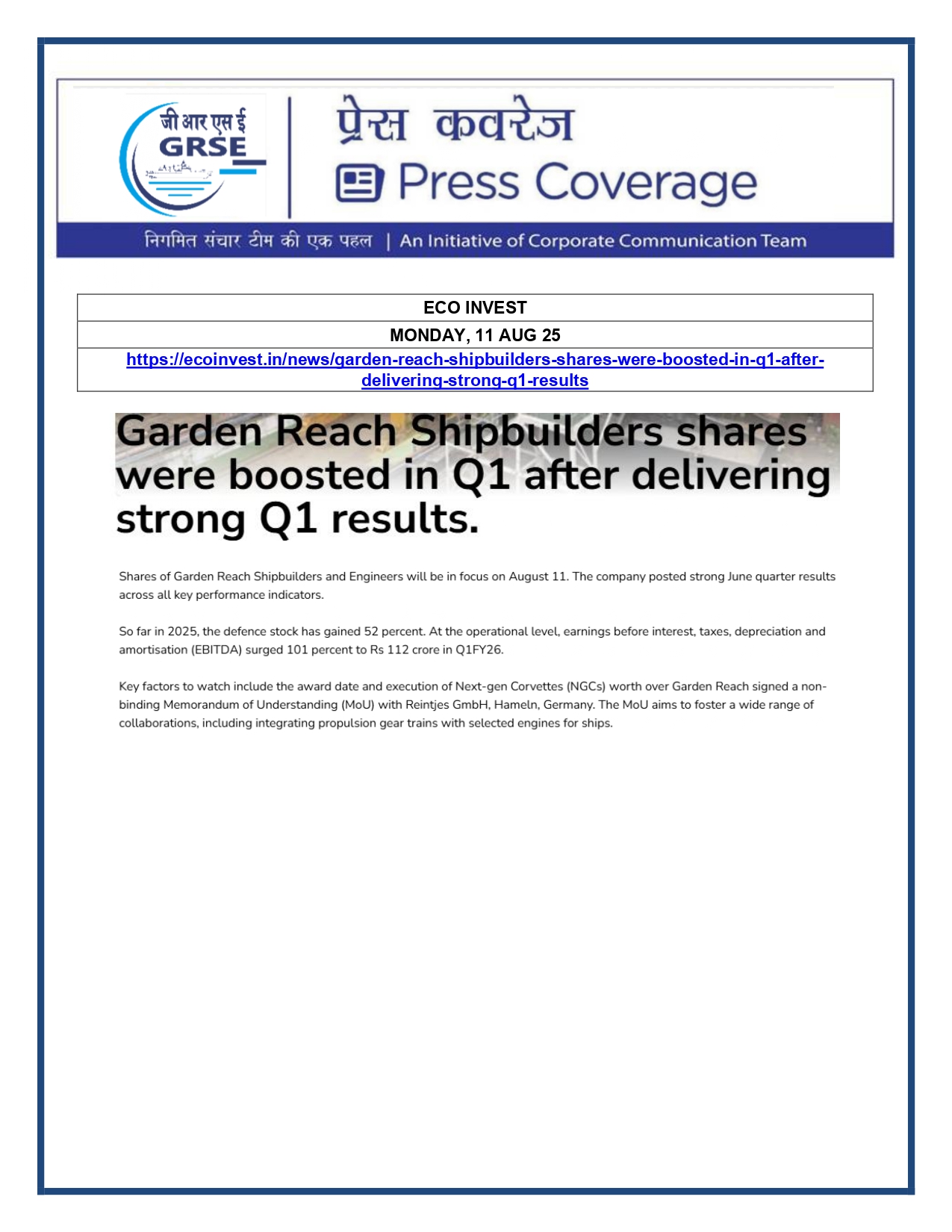 Press Coverage : 11 Aug 25:FINANCIAL EXPRESS